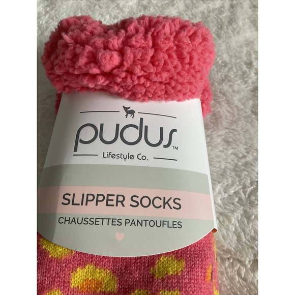 Pudus Slipper Socks Pink Floral Design Women's 5-11 Men's 6-10 Brand New - Picture 4 of 4